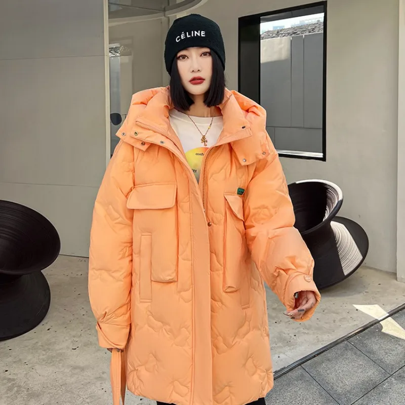 2023 Nieuwe Dames Donsjack Winterjas Dames Mid Length Versie Parkas Losse Dikke Warme Bovenkleding Capuchon Mode Overjas