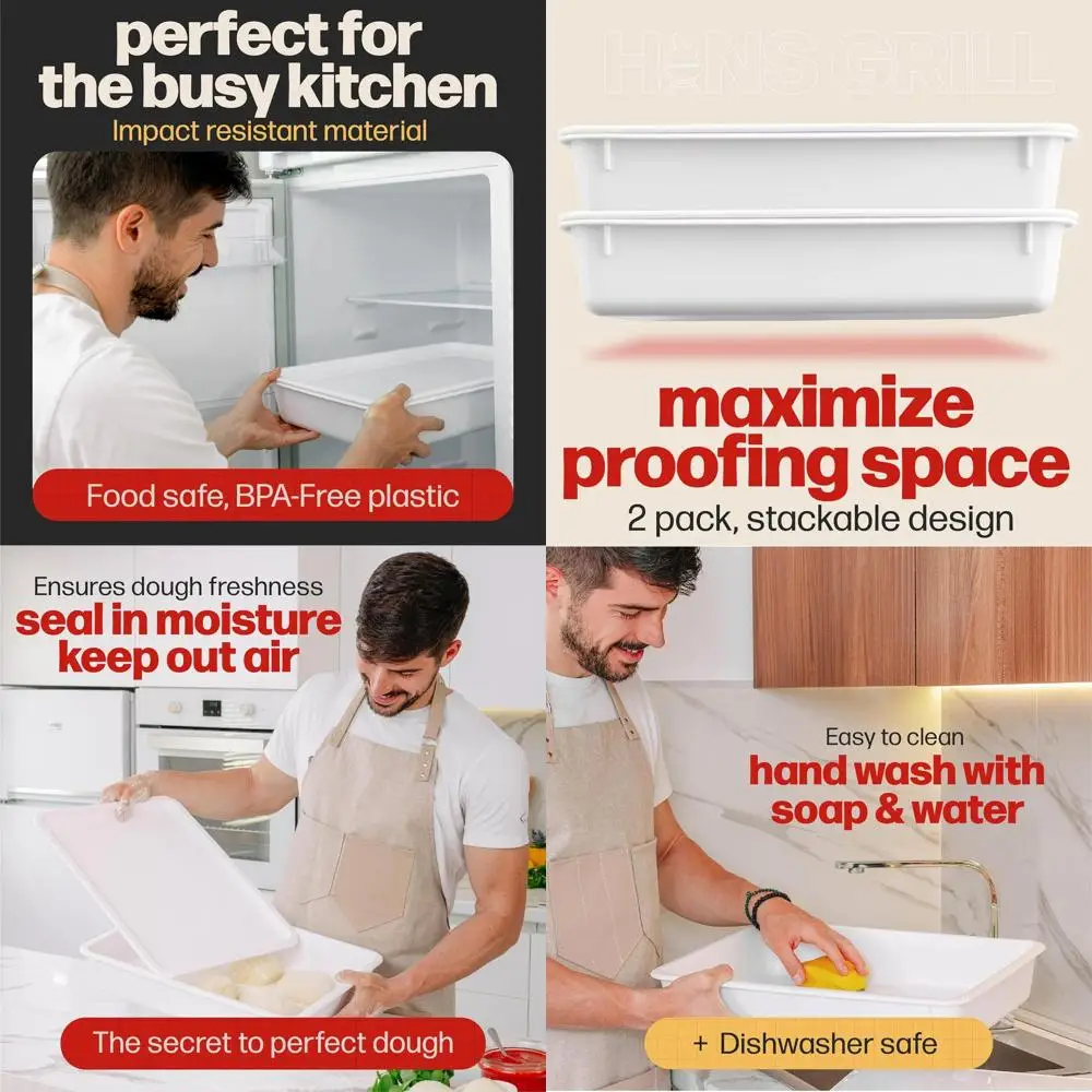 

Складные контейнеры для расстойки теста для пиццы и хлеба без BPA с крышками - Премиум-качество, большой набор из 2 штук