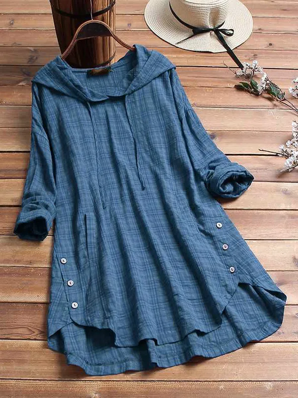 Casual Plaid Tunic Top with Button Street Style Loose Fit Midi Length Women's Shirt Breathable Comfortable Long Sleeve Hooded