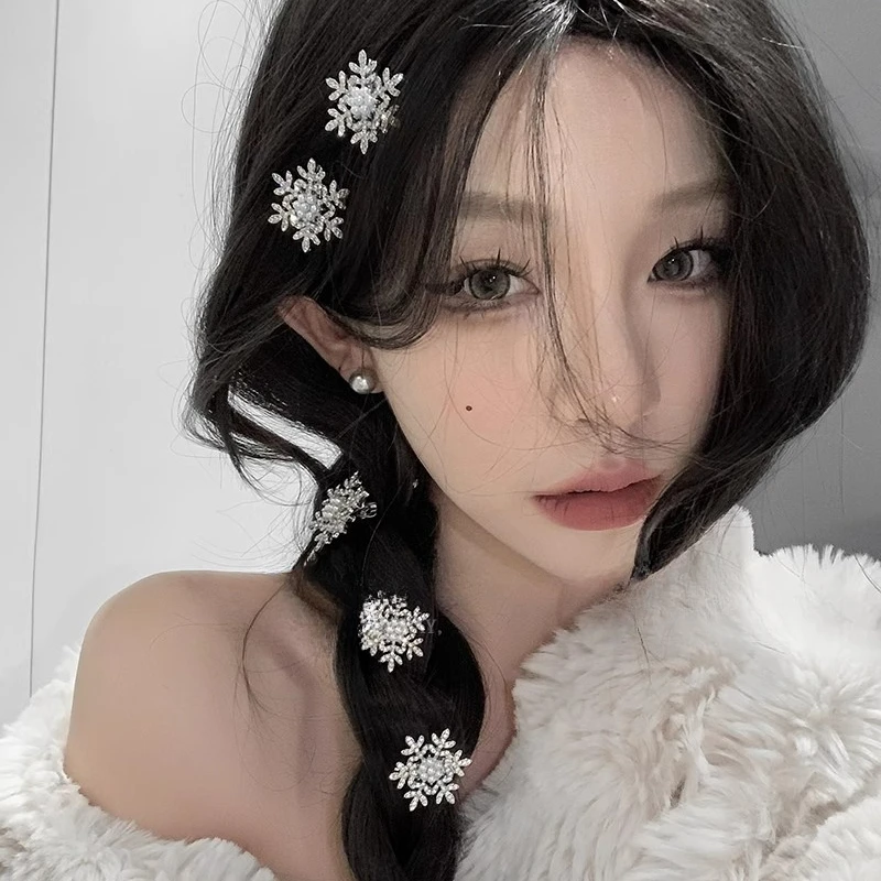 Fashion Rhinestone Snowflake Pearl Hair Clip Temperament Bangs Side Clip for Girls Daily Wear Wedding Dinner Exquisite Headdress