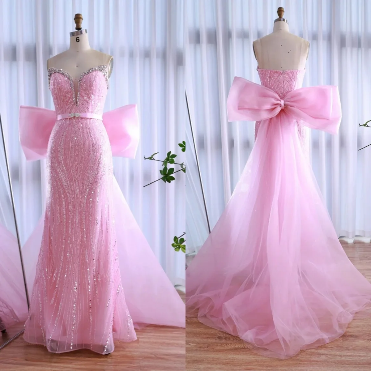 

Sweety Mermaid Evening Dress Strapless Sequins Beading Crystal Prom Gowns Exquisite Bow Floor Length Party Dresses Customized