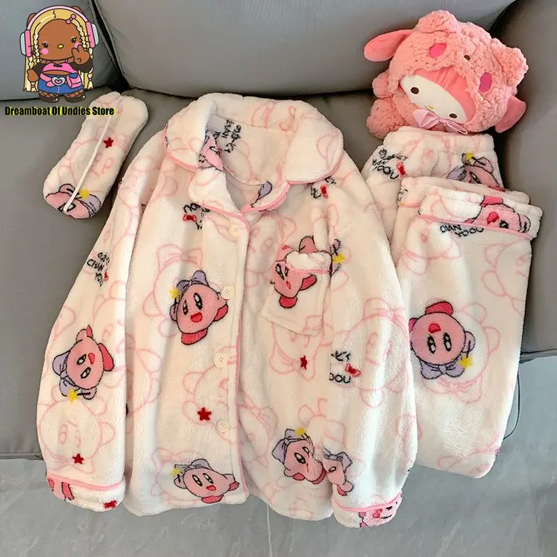 Star Kirby Cartoon Anime Cute Fleece Thick Winter Warm Women Pajamas Set Top and Pants Soft Pijamas Student  Casual Home Suit