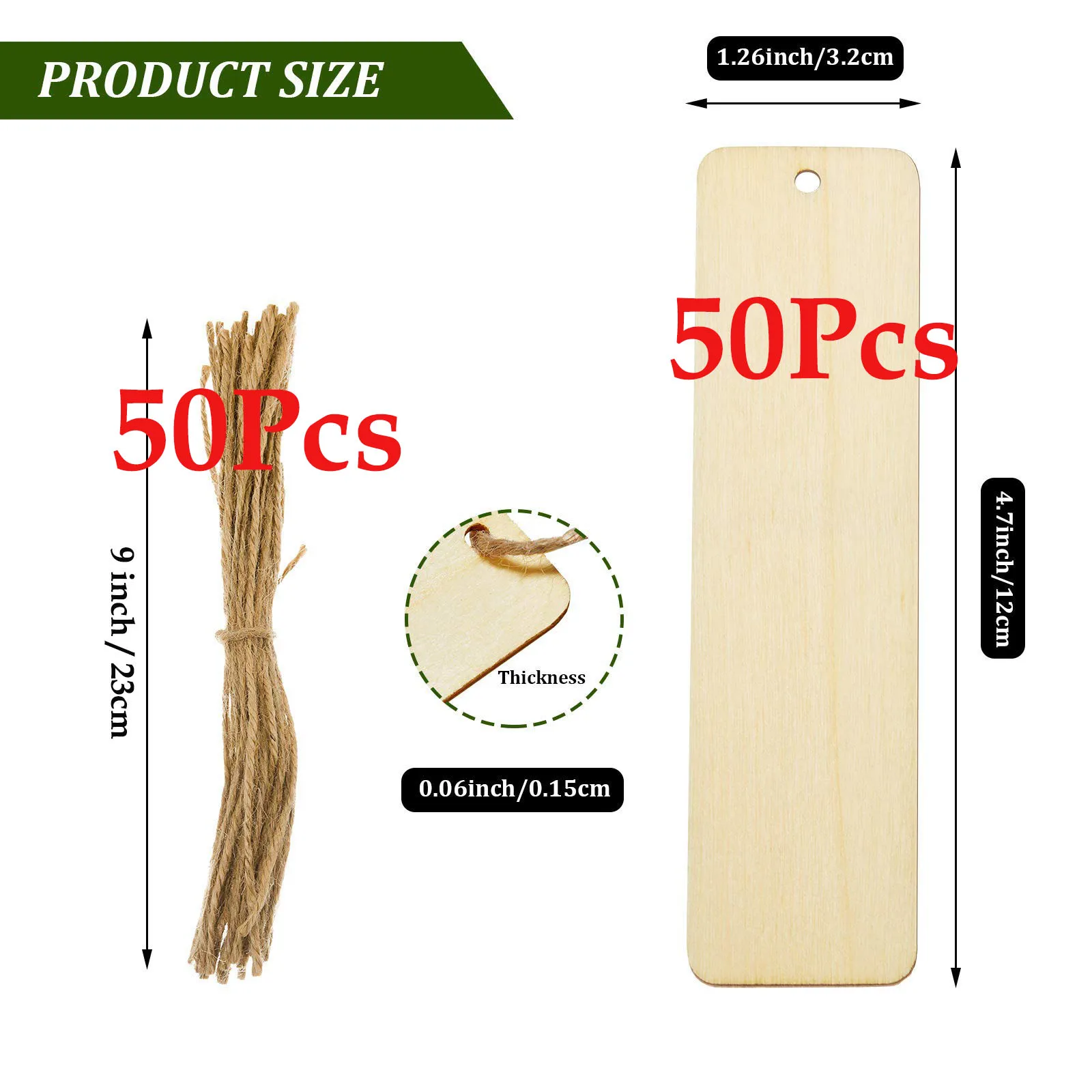 100Pcs Wood Blank Bookmarks Rectangle Hanging Tags Unfinished Wooden Book Markers Ornaments with Holes and Ropes for DIY Crafts