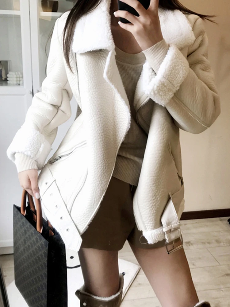 Ailegogo Streetwear Women Loose Thick Warm Faux Leather Fur Jacket with Belt Moto Biker Female Soft Sheepskin Coat Outwear