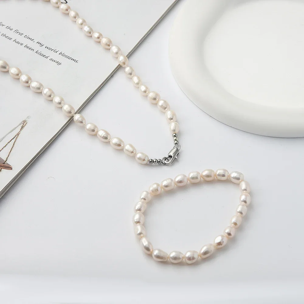 

7-8mm Natural Freshwater White Pearl Beads Rice Shape Pearl Set With Stainless Steel Clasps for Birthday Gift