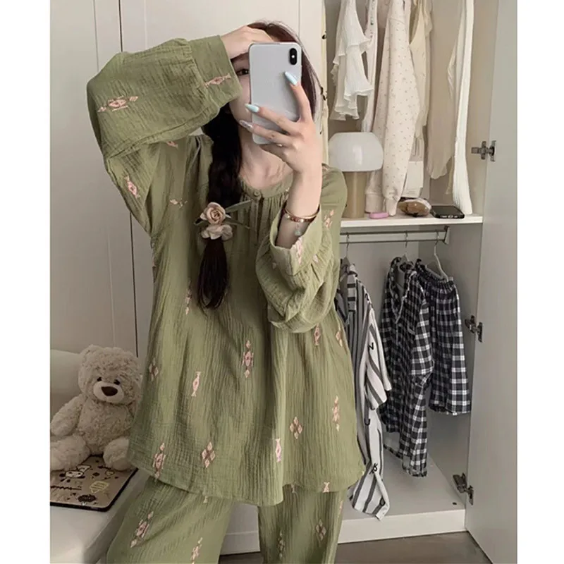 

Korean Printed Pajamas For Women Casual Loose 100% Cotton Sleepwear Clothes Long Sleeve Home Wear Suit Pyjamas Femme Night Set