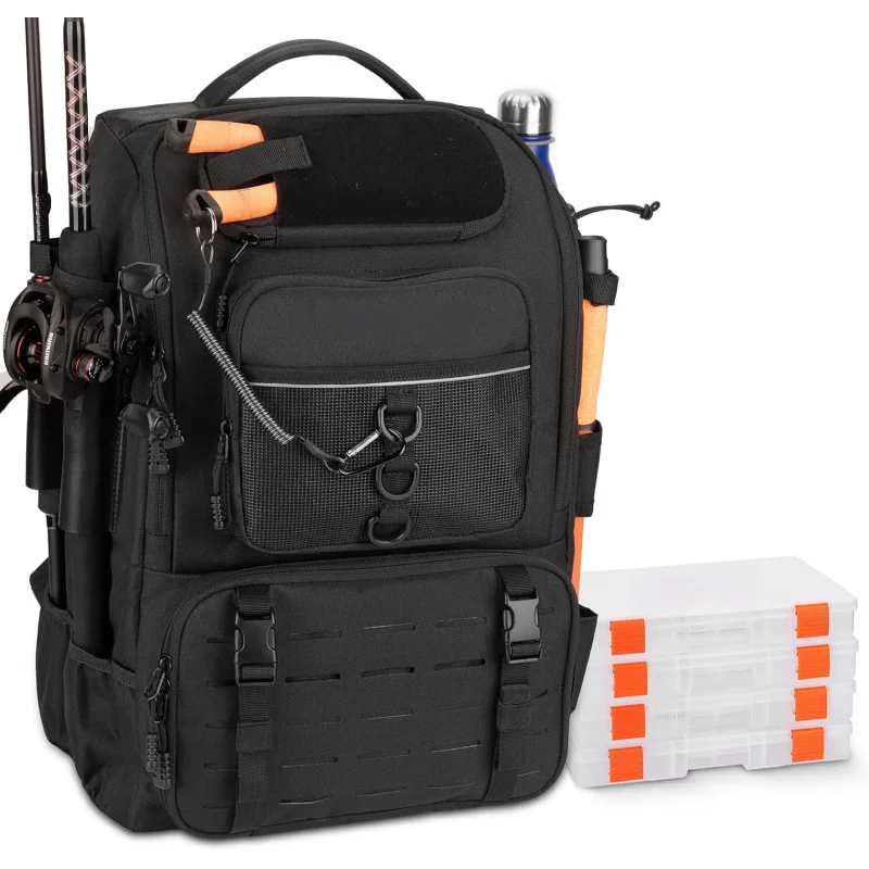 Fishing Tackle Backpack with Rod Holders 4 Tackle Boxes,40L Fishing Bag Storage Fishing Gear and Equipment