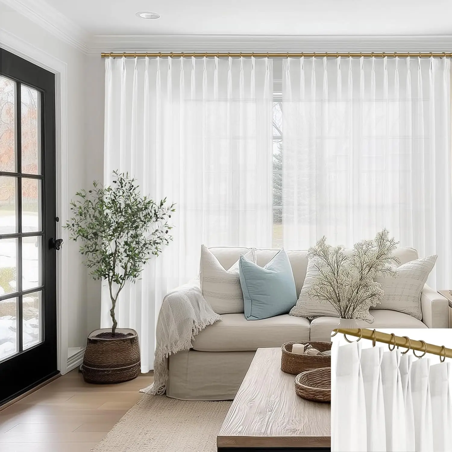 

White Linen Sheer Pinch Pleated Curtains 96 Inch Long 70 Inch Wide 2 Panels Set