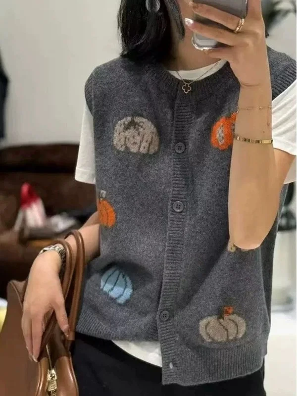

Осенне-зимний вязаный шерстяной кардиган для женщин: уютный жилет с круглым вырезом, вышивкой и открытым передом, повседневный и комфортный