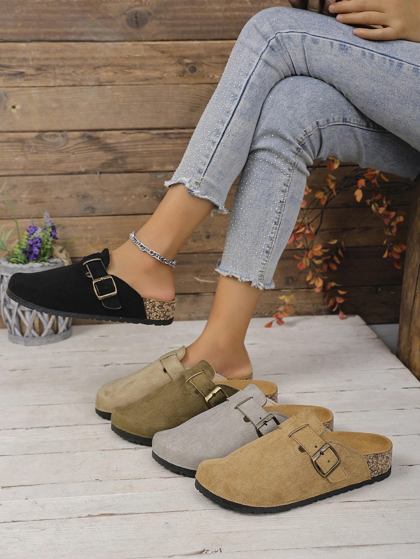 Damen-Hausschuhe für Frühling und Herbst, lässig, einfach, einfarbig, Pu-Obermaterial, flache Schnalle, Korkmaserung, geschlossene Zehen, für drinnen und draußen, Slip-On-Strandsandalen