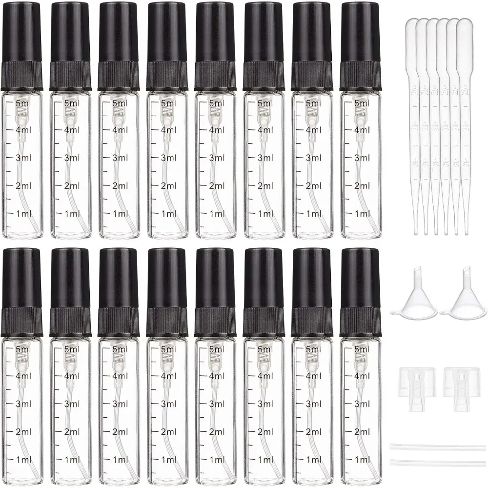 16Pack Empty Glass Spray Bottles with Scale 5ml Clear Refillable Travel Bottle Set with Fine Mist Sprayer & Black Dust Cap,