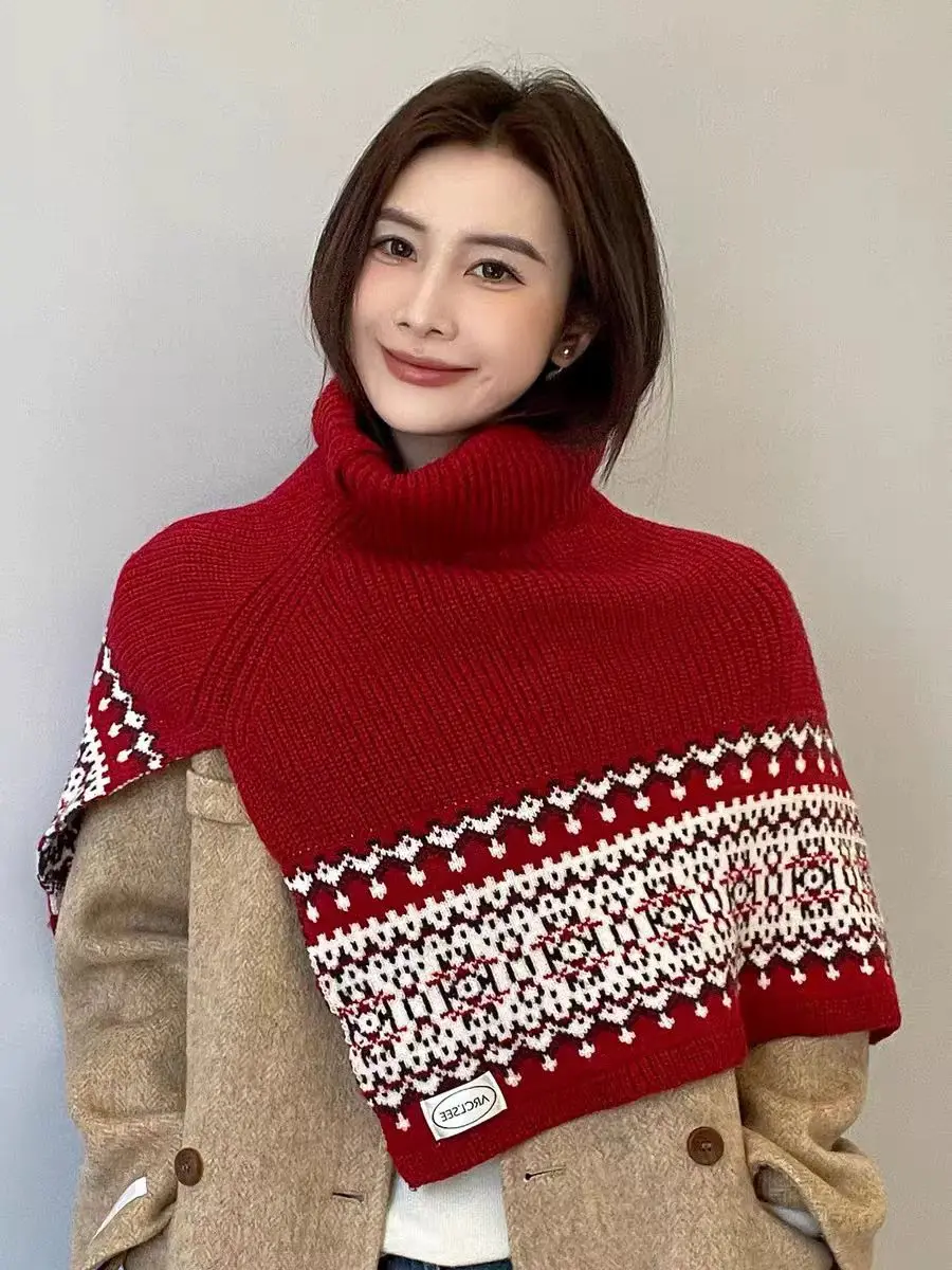 French-style Poncho high-neck knitted shawl scarf women winter thickened retro outerwear accessory warmth Cape P1