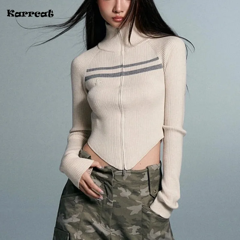 Karrcat Grunge Aesthetics Irregular Cardigans Vintage Backless Ribbed Jumpers Wasteland Punk Turtleneck Knitwear Korean Fashion