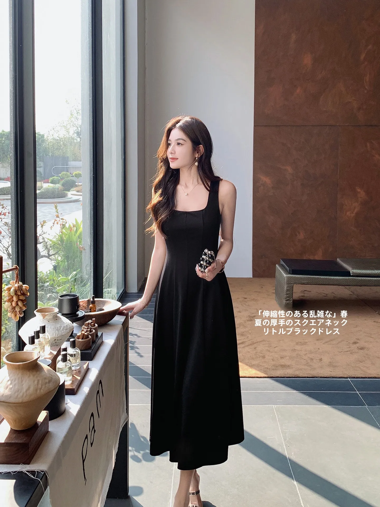 Ms.Daoge Black Square Collar Sleeveless A-Line Long Dress Women's Summer Slimming Dress Comfortable High Waist Knitted Gown