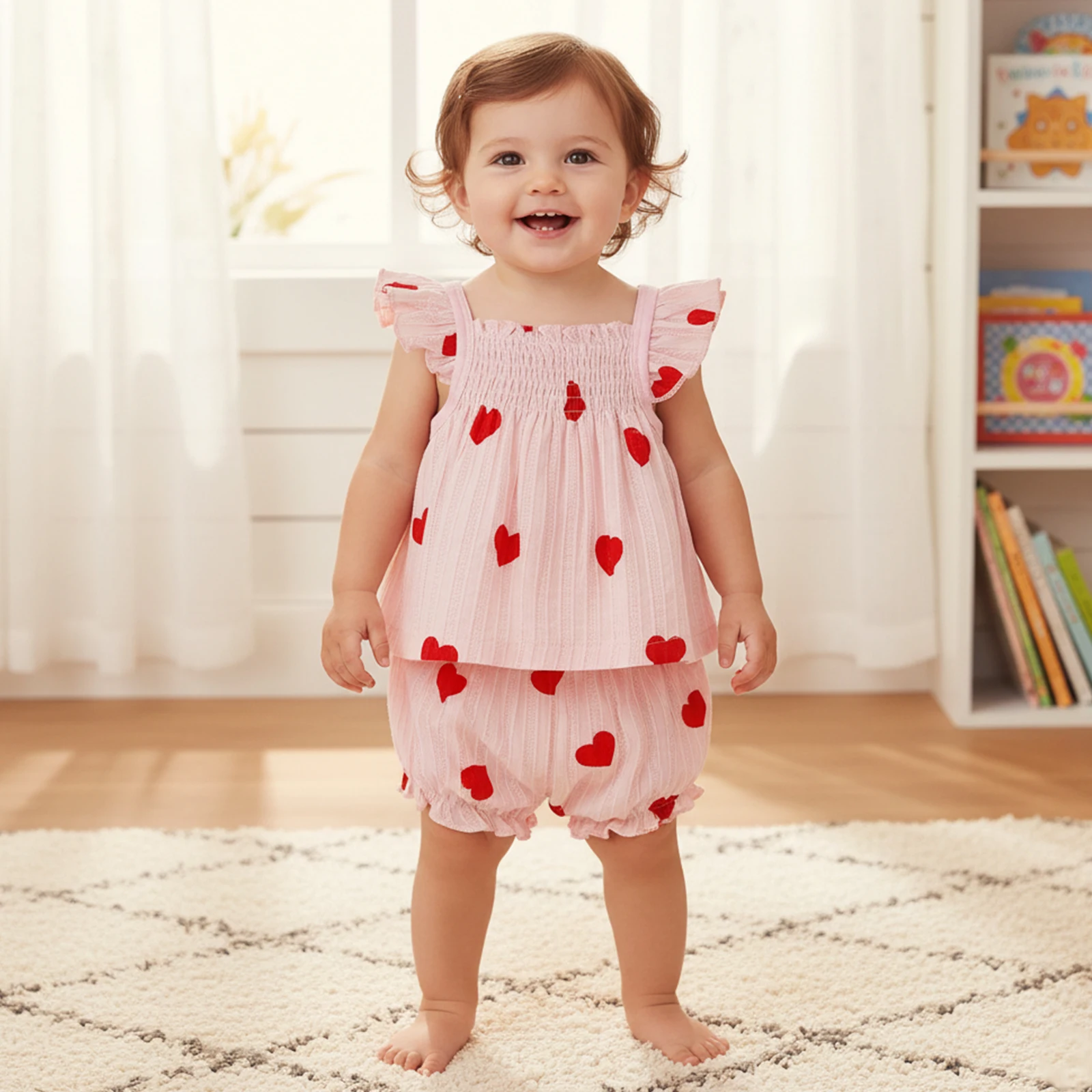Baby Girls Valentine's Day Outfits Heart Print Flying Sleeve Smocked Tops and Ruffled Shorts Summer 2 Piece Set