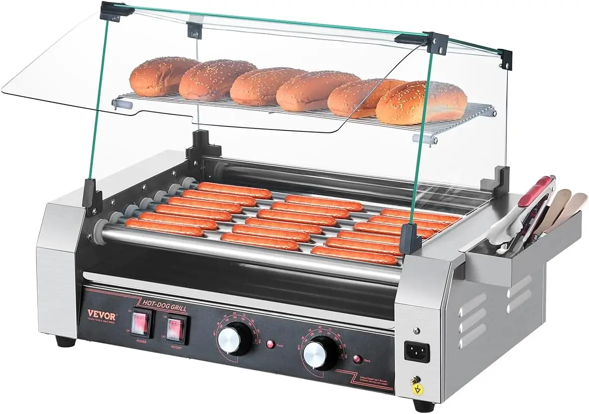 Hot Dog Roller, 18 Hot Dog 7 Rollers, Stainless Steel Sausage Grill Cooker, 1050W Commercial Hot Dog Machine with Dual Temp Cont