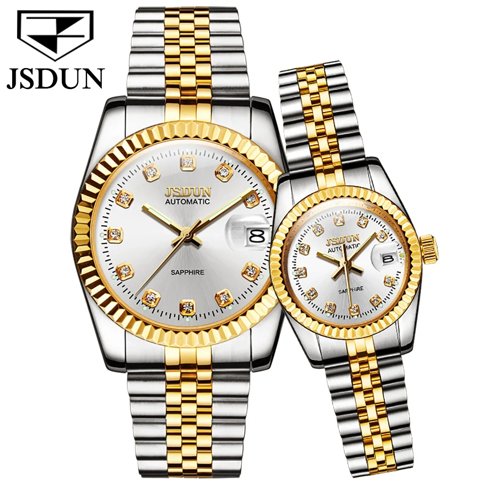 JSDUN Couple Watch Automatic Mechanical Sapphire Mirror Diamond Wristwatch Stainless Steel 5Bar Waterproof Lover's Watches Set