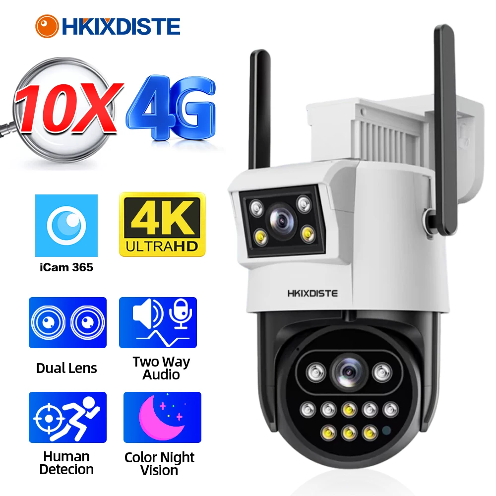 

4K 8MP 4G Sim Card Security Camera Dual Lens Screen Display Smart Home Wireless Video Surveillance PTZ Camera Color Night Vision