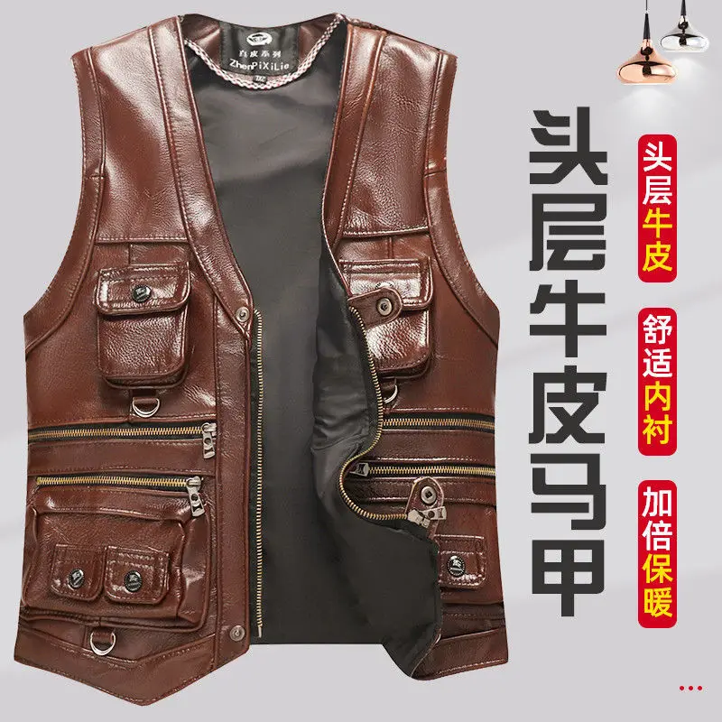 Men\'s Genuine Leather Vest  Keep Warm In Autumn and Winter Top Layer Cowhide Spring and Autumn Multiple Pockets Photography