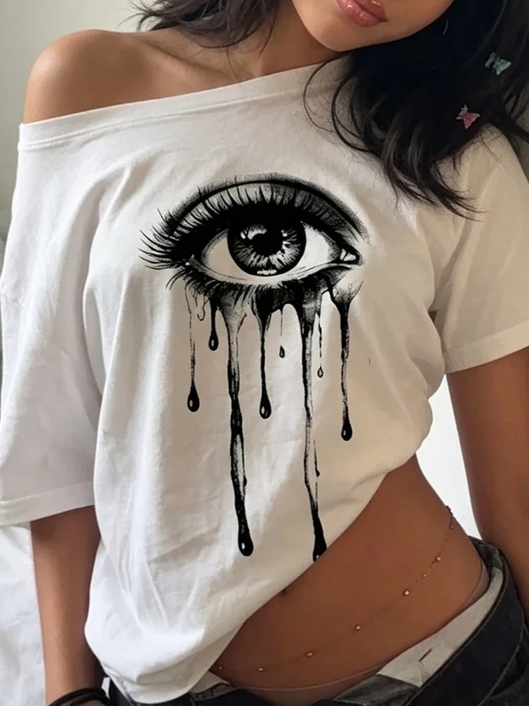 Y2k Aesthetic Vintage Eye Printing T-shirt Women Streetwear Sexy Skew Collar Grunge Tshirts Summer Streetwear Punk Casual Tees