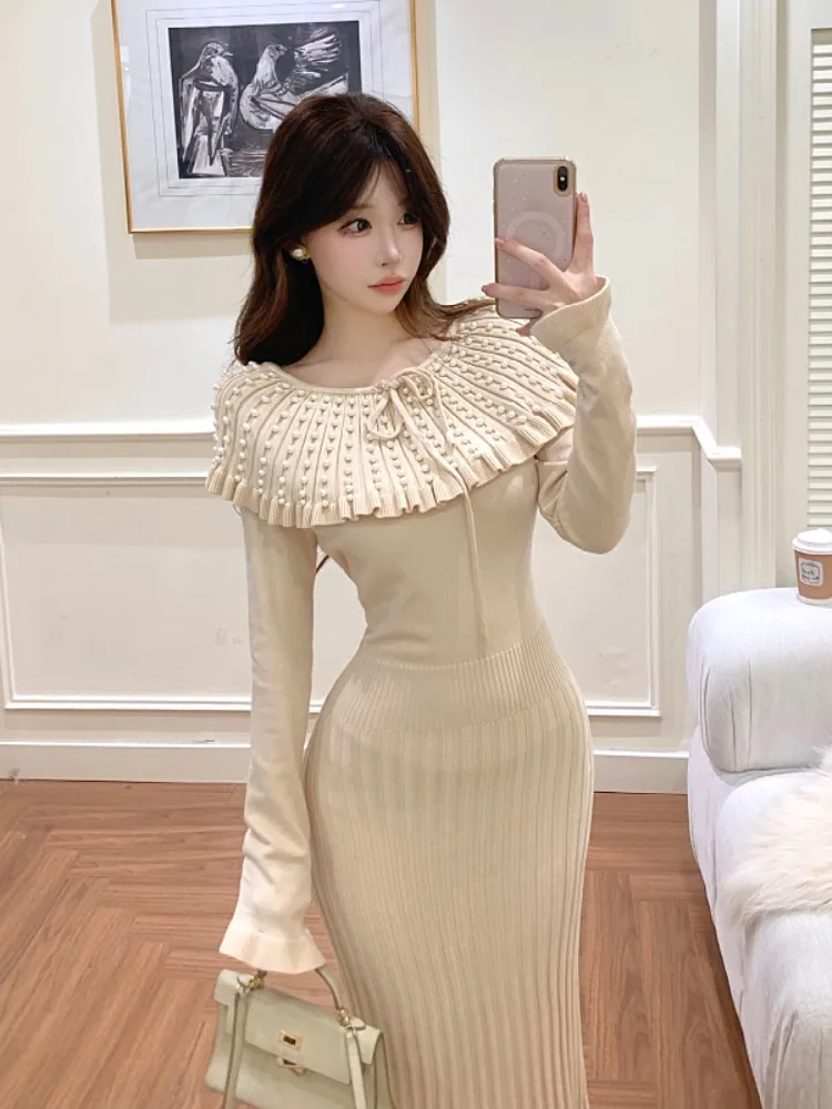 

Heavy Embellied Knitted Long Dr with Large Collar Autumn Winter New Sle Sexy High Waist Long Sve Slim Fit Bodycon S...