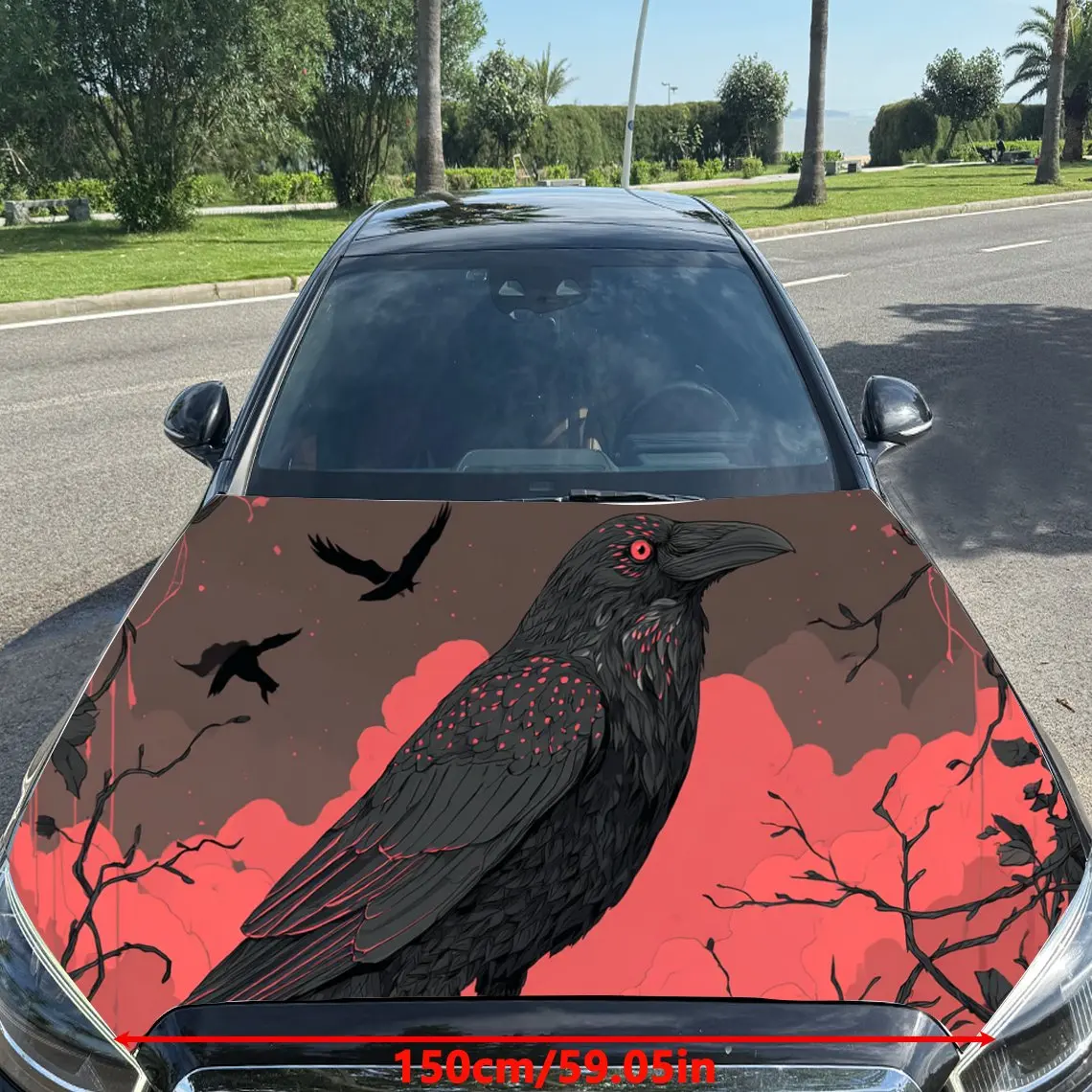 Involucri in vinile per cofano motore per auto in PVC, corvo nero, notte oscura, nuvola di sangue, adesivo autoadesivo impermeabile per cofano auto, auto