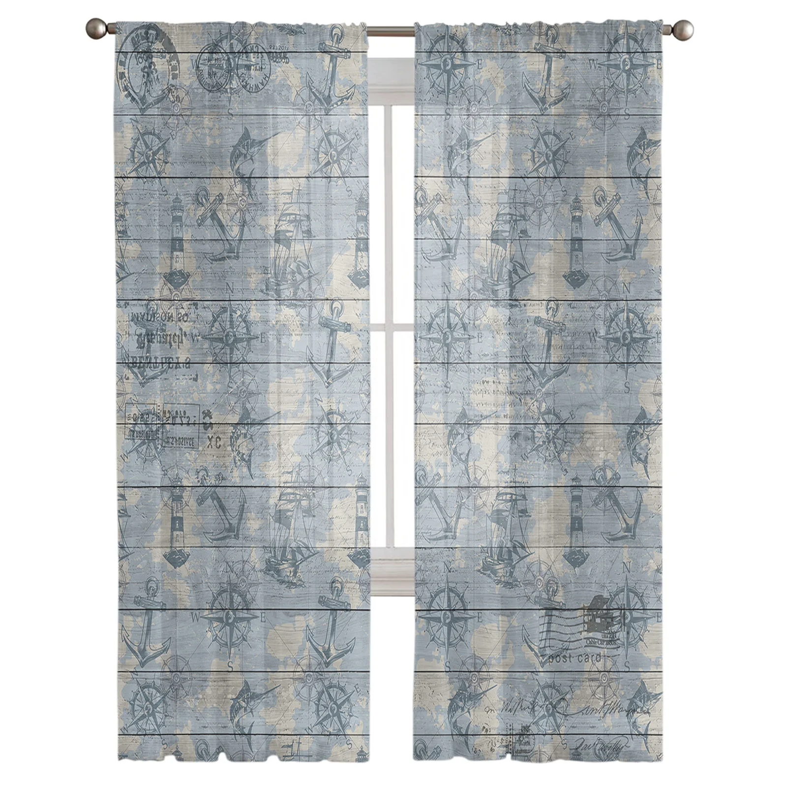 Vintage Route Sailing Anchor Compass Sheer Curtains For Living Room Window Tulle Curtain Bedroom Kitchen Decoration Voile Drapes