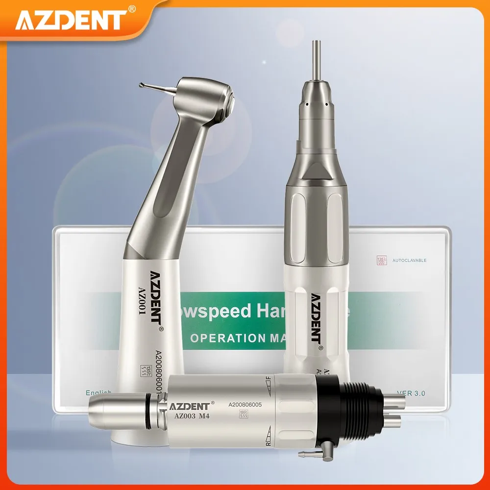 AZDENT Dental Low Speed Handpiece Kit Contra Angle Straight Air Motor 2/4 Holes External Water Spray Push Button Dentistry Tool