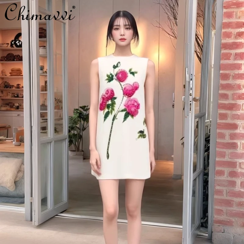 Französisches, elegantes, mit Perlen bedrucktes Sommerkleid aus der Schwerindustrie, Rundhalsausschnitt, ärmellos, hohe Taille, A-Linie, prominentes Abendkleid für Damen