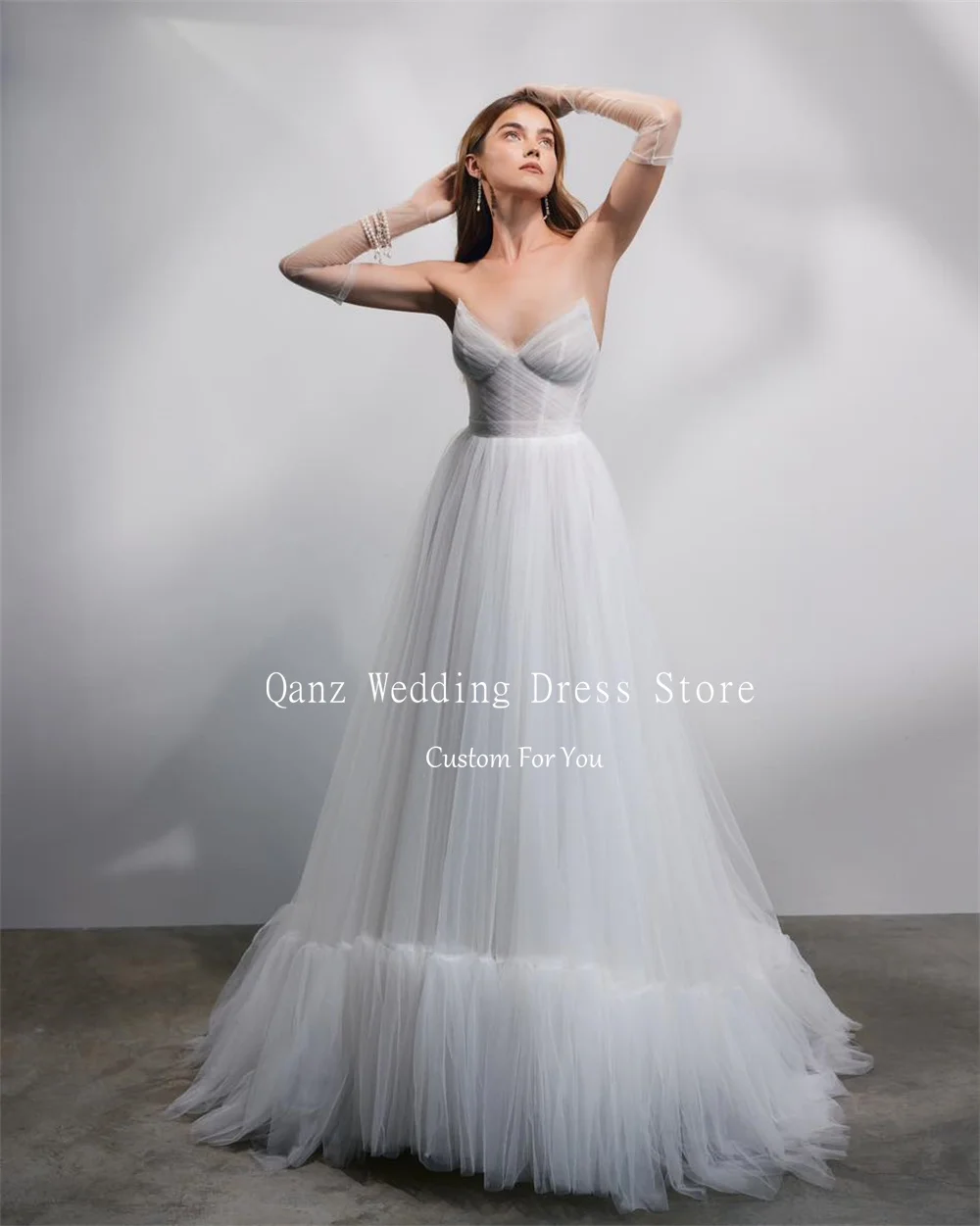 Qanz Boho Wedding Dresses Tulle Long A Line Strapless Estidos Novia Bohemio Customized Vestido De Noiva Elegante Minimalista