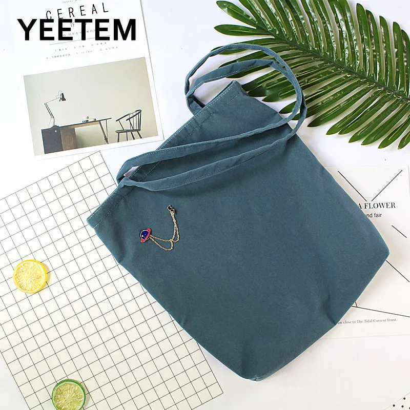 Pure Color Flocking Cloth Shoulder Bag Handbag Bag Simple Japanese Literature Art Brooch Planet Decoration