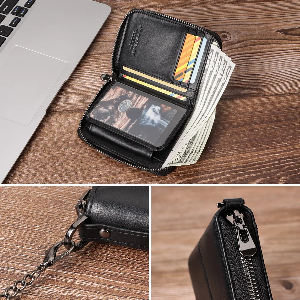GZCZ 100% Original Genuine Leather Wallet For Men Luxury High Quality Credit Cards Storage Bag With Coin Pocket Anti theft Chain