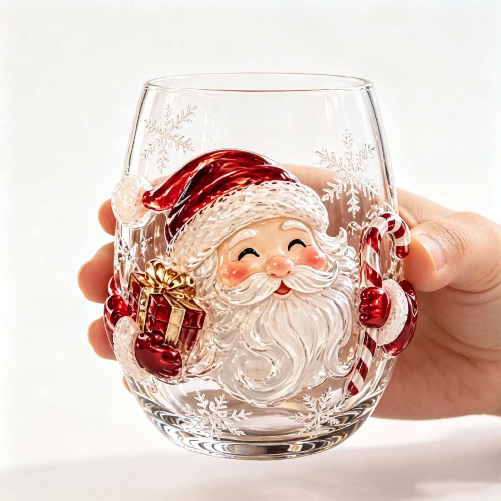 Christmas Glass Art Cup Gift Drinking Glassware - Santa Reindeer Snowman 3D Pattern Stemless Tumbler for Coffee Cocktail Juice