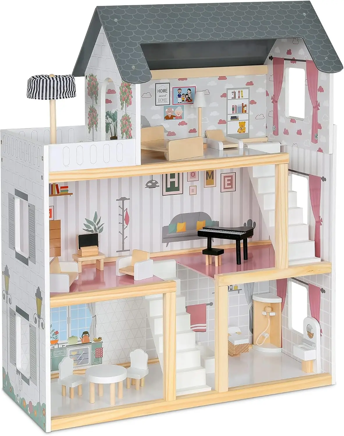 Wooden Dollhouse, 3-Story, Balcony & Stairs, 17-Pc Set