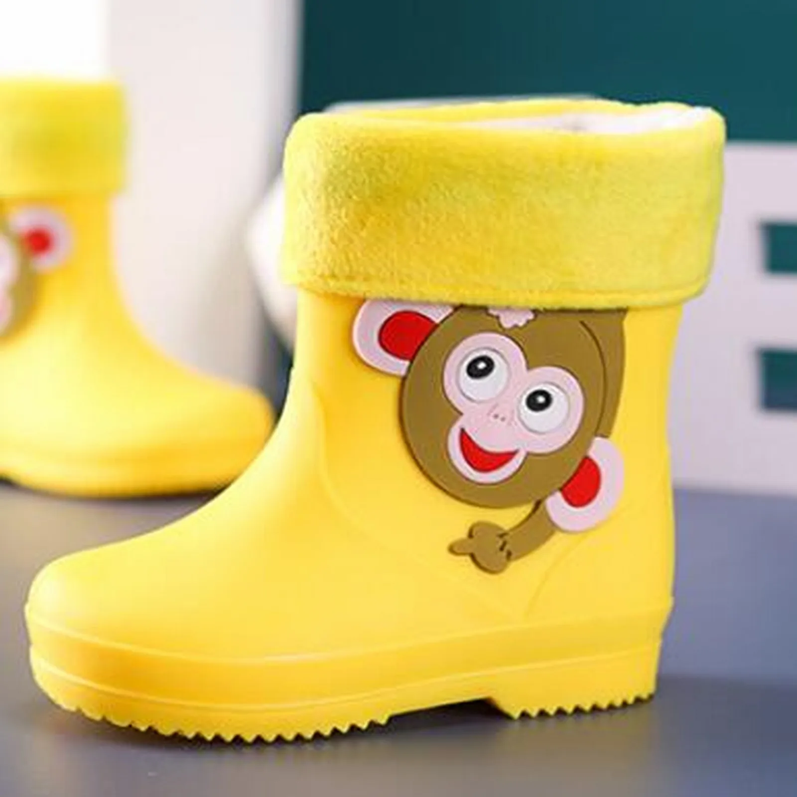 

2024 Toddlers Children Rain Shoes Boys And Girls Water Shoes Monkey Cartoon Character Rain Shoes With Warm Inner