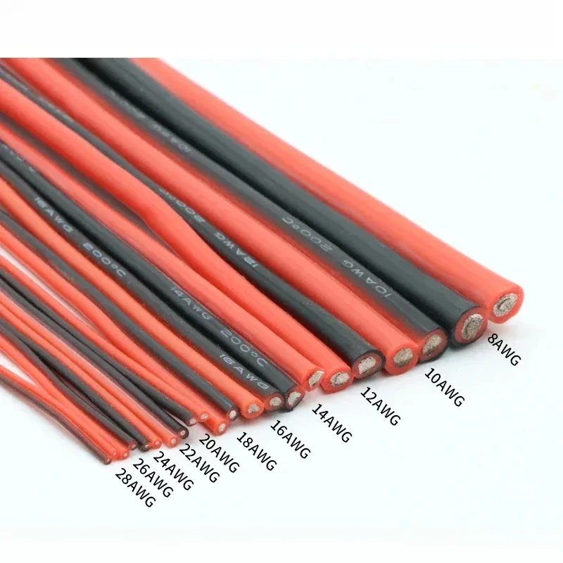 1-5M Soft Silicone Rubber 2Pin Cable Copper Wire 8 10 12 14 16 18 20 22 24 26 28 30AWG Flexible DIY LED Lamp Connector Black Red