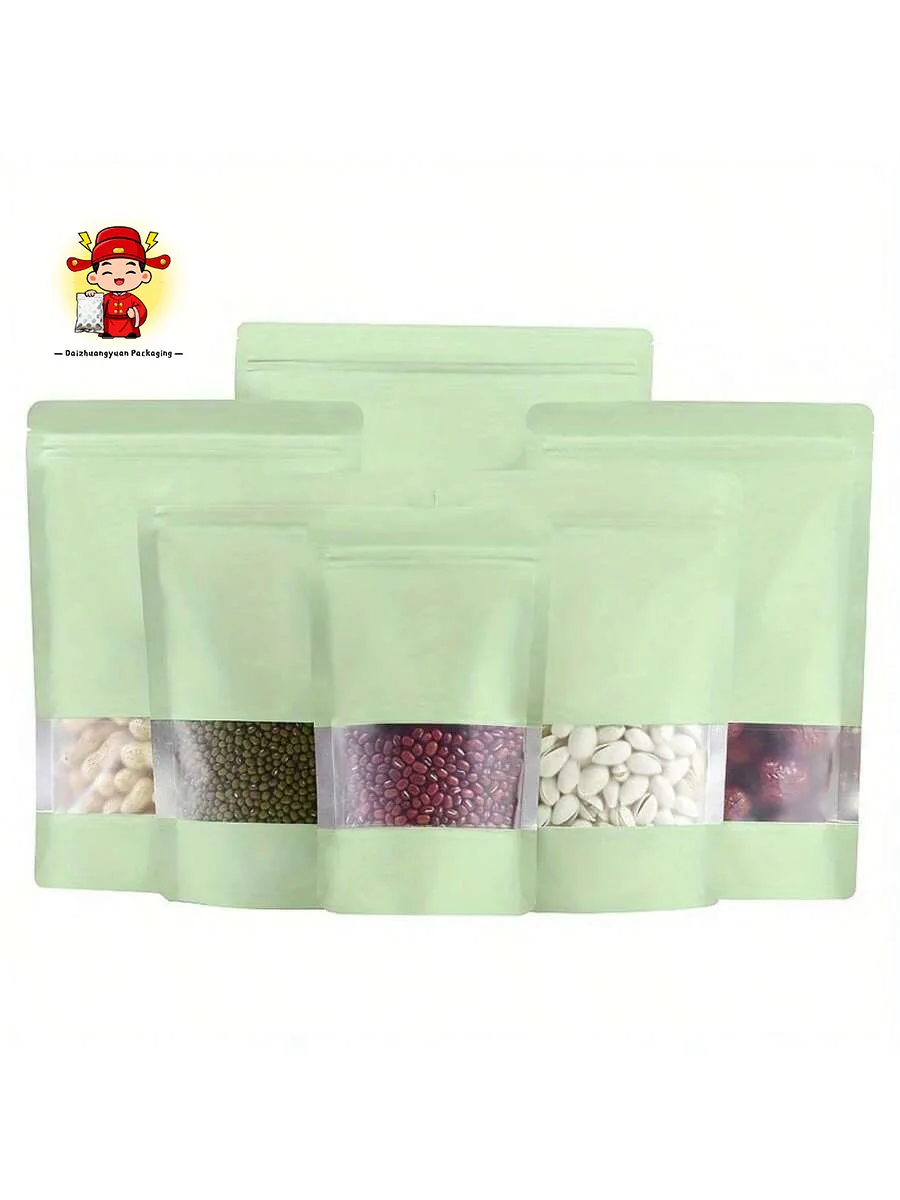 50/100Pcs Green Stand Up Food Bags, Zip Lock Resealable Pouch for Festival Holiday Candy Cookie Snacks Storage, with Window