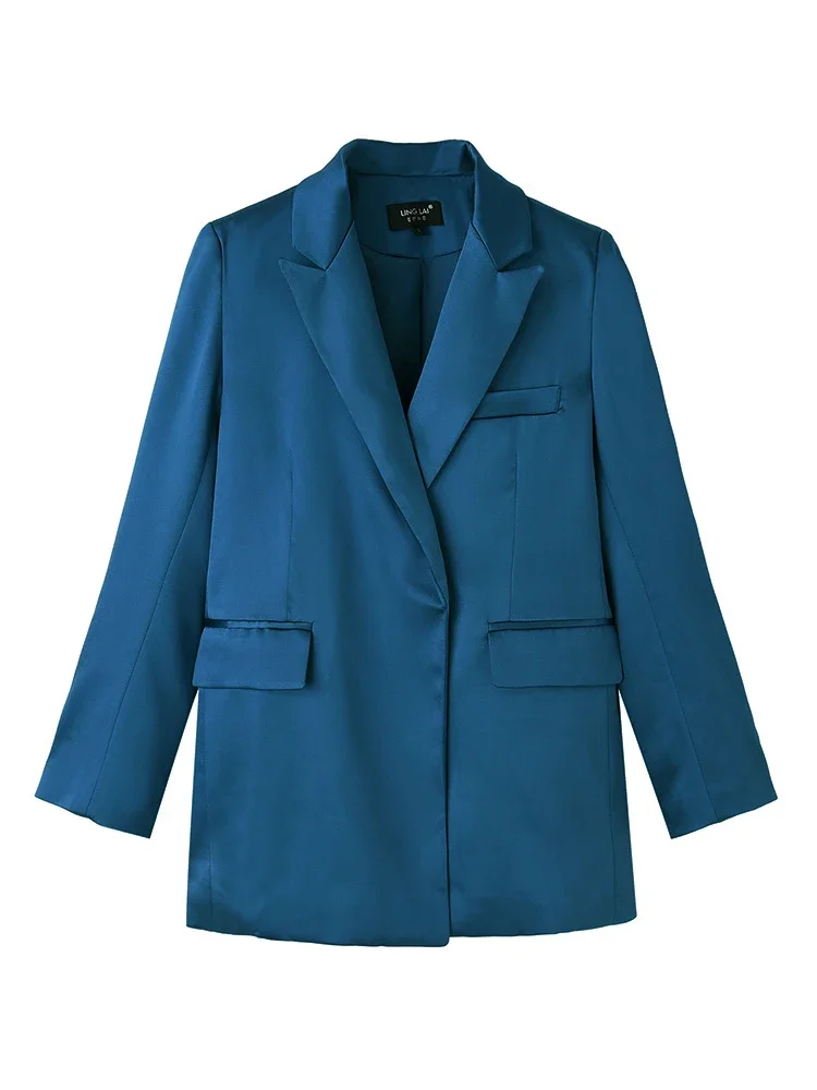 Blue Blazer for Women 2024 Spring Autumn Trendy Korean Style Luxury Satin Suit Jacket OL Work Coat Female Outerwear