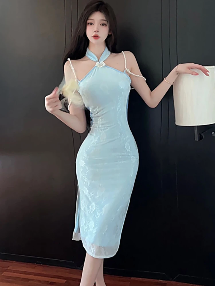 

Summer Blue Jacquard Chic Neck-mounted Sexy Dress Women Elegant Luxury Beading Sling Dress 2024 Korean Vintage Festival Vestidos