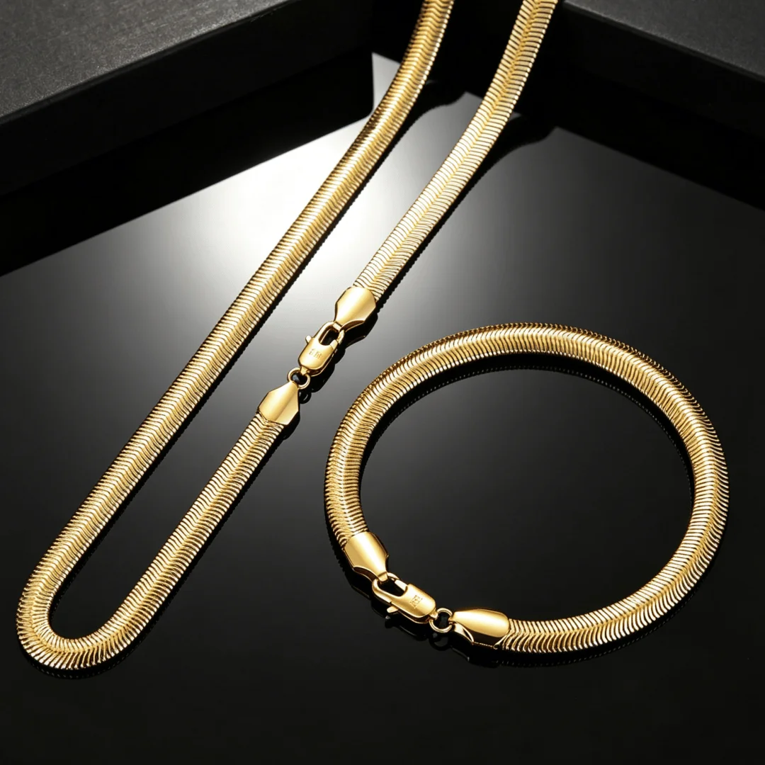 

Hiphop Versatile Jewelry set 925 sterling silver 18K gold pretty 6MM snake bone Necklace bracelet for Women Fashion Holiday gift