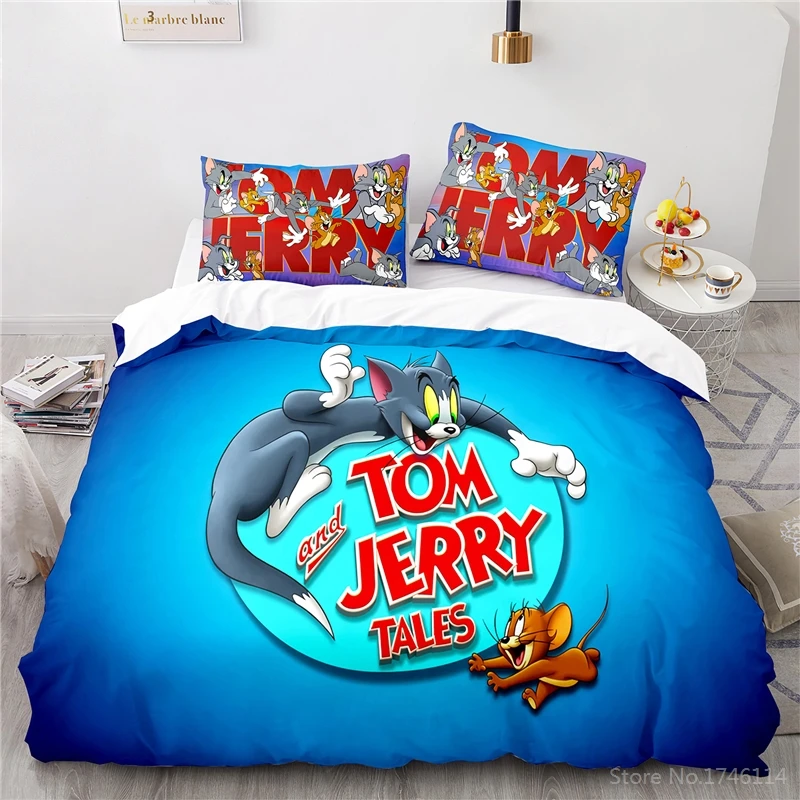 Kawaii Cat Mouse Tom Jerry 3D Cartoon Print Bedding Set Duvet Cover Set Quilt Cover Pillowcase Home Textile for Kids Boys Girls