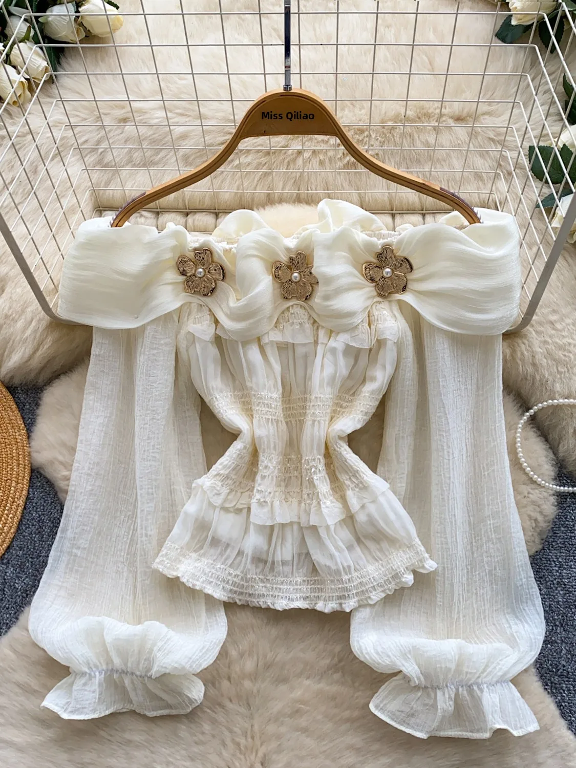 Korean Style One Shoulder Bubble Sleeve Shirt Women's White Lace Waist Cinching Commute Style Top Autumn Gentle Tie