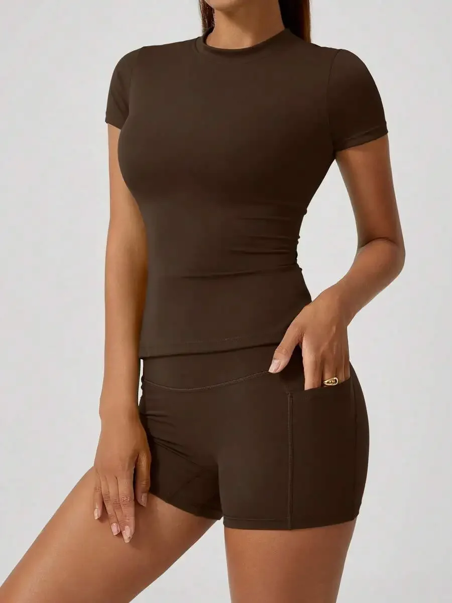 Women's Sweet Sports Short Sleeve High Waist Tummy Control Butt Lifting Shorts Set
