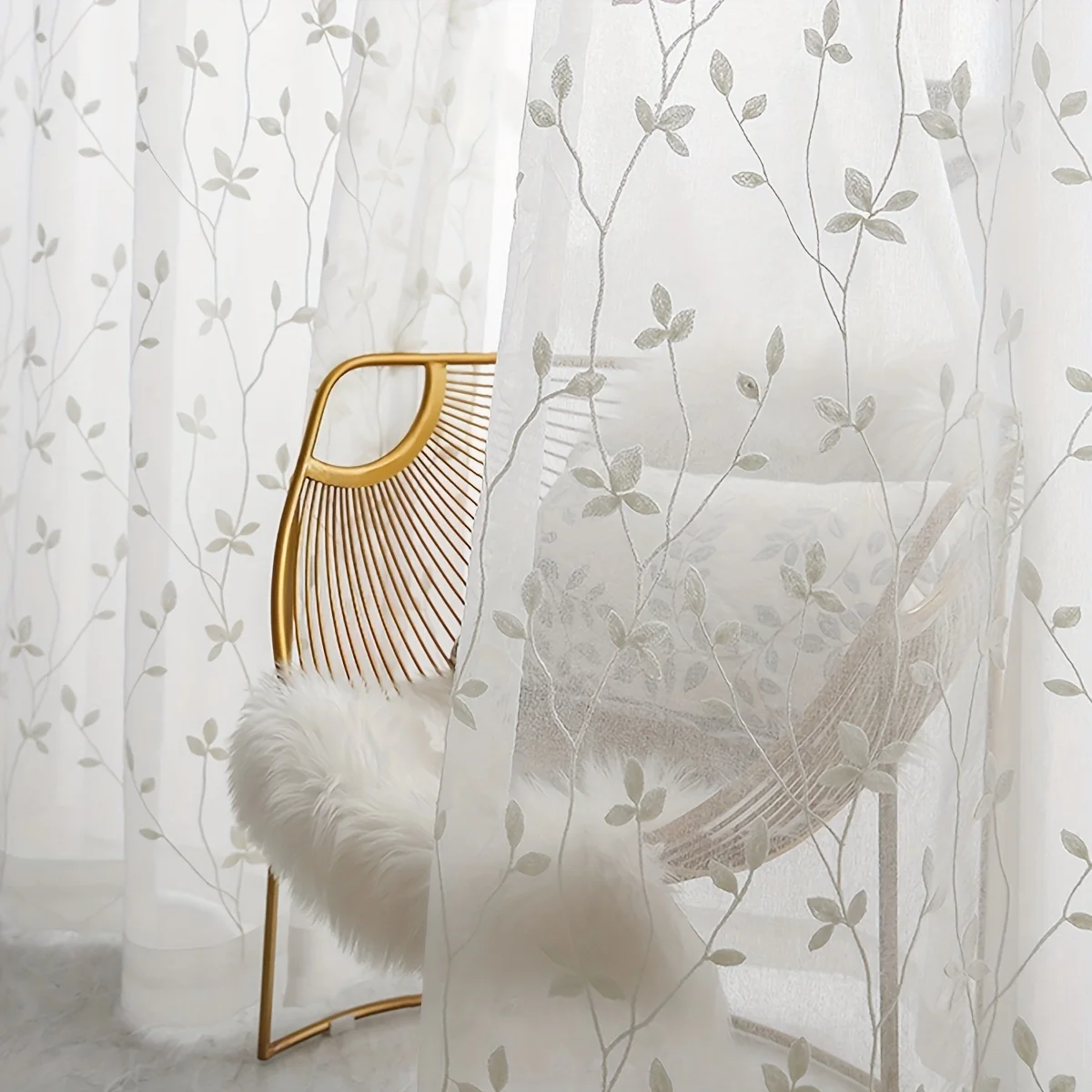 1PC Simple Embroidered Sheer Curtain, Country Style Vine Flower Window Shade, Light-Transmitting Leaf Sheer Panel, Suitable for