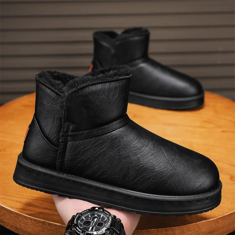 2026Winter Men's Leather Upper Waterproof Non-slip Warm Thickened Fleece-lined Thick-soled Comfortable Snow Boots