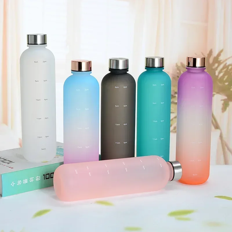 

1L Water Bottle with Time Marker 33 OZ Motivational Reusable Fitness Sports Outdoors Travel Leakproof BPA Free Frosted Plastic