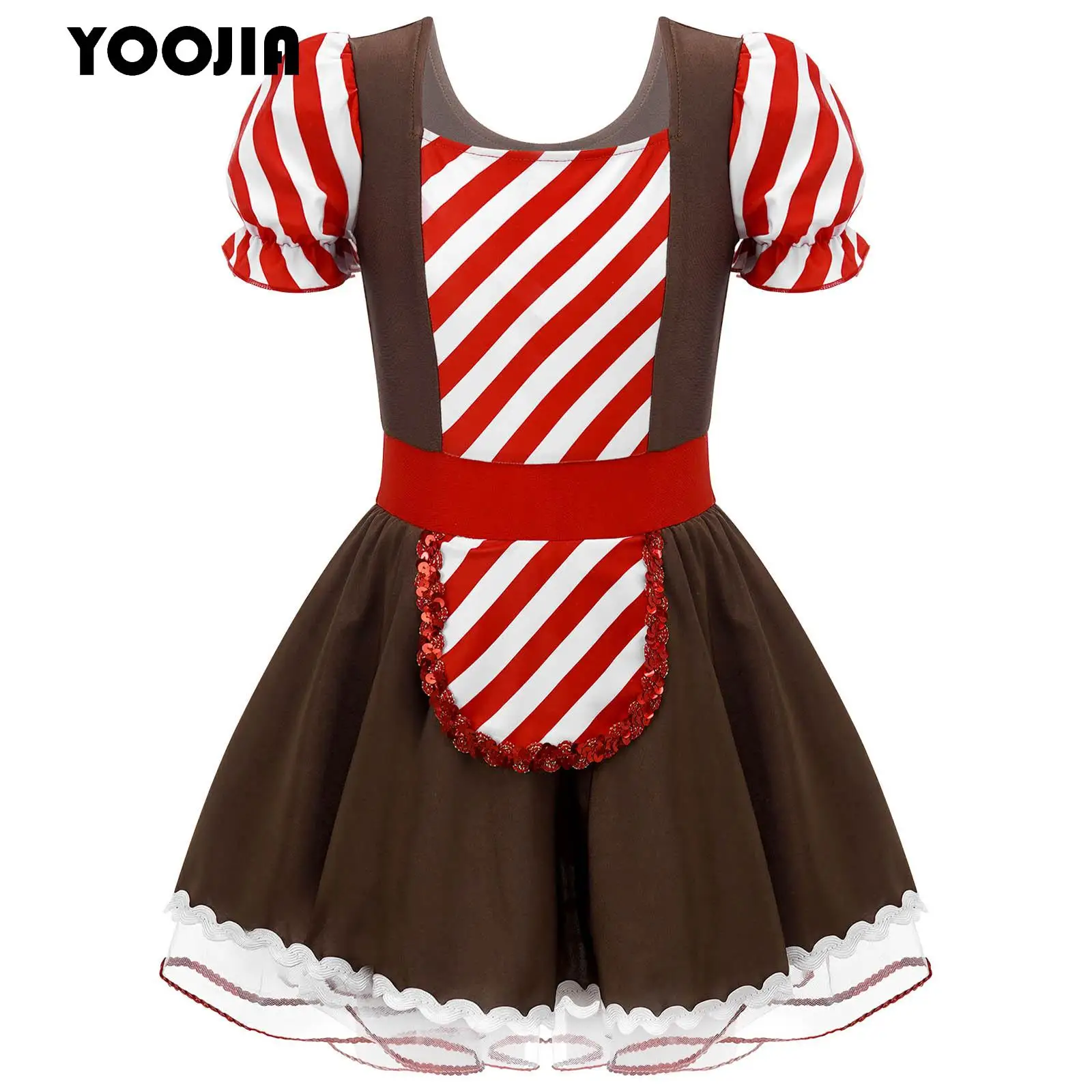 

Christmas Halloween Striped Gingerbread Girl Costume Holiday Cookie Roleplay Sequin Mesh Tutu Skating Ballet Leotard Dancewear