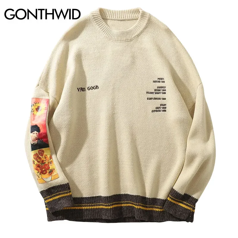 

GONTHWID Van Gogh Sleeve Patchwork Pullover Knit Sweater 2024 Mens Hip Hop Embroidery Crewneck Knitwear Sweaters Streetwear Tops