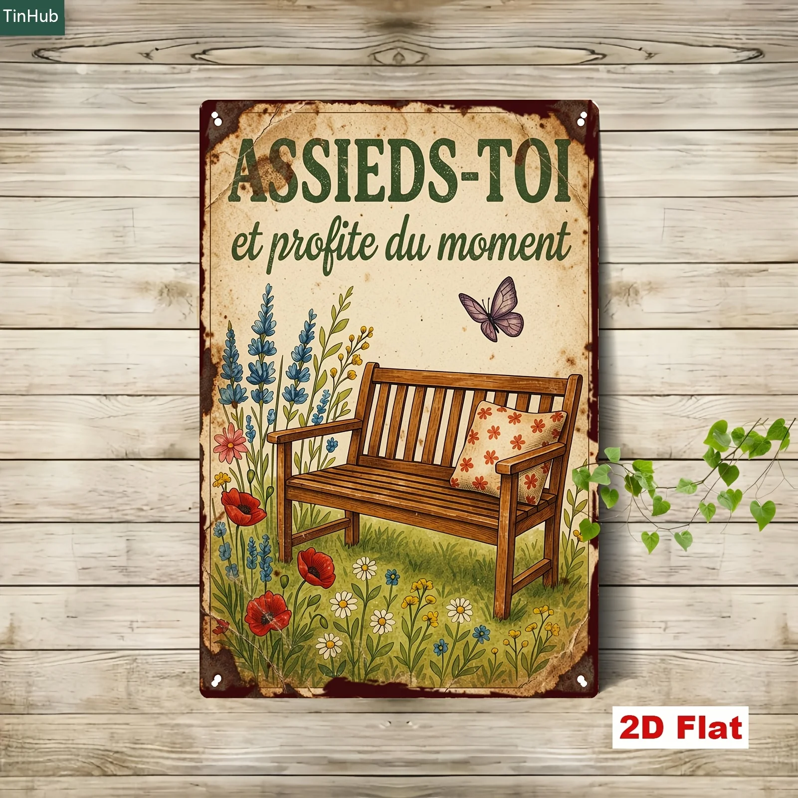 2D Flat 1pc Retro Pastoral Style Metal Sign, 20X30Cm Iron Sign, French Sit Down, Enjoy The Present Quotes, Bench Flower Butterfl