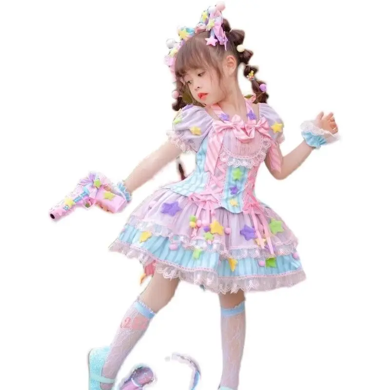 Summer Multicolor girl Backless Lolita Ball Gown Dress kid Princess Stripe Bow Birthday Party dresses Child Performance Clothing